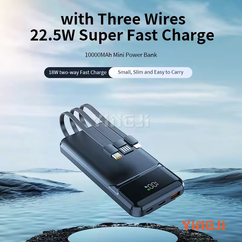 

10000mah large capacity built-in cable PD22.5W Super fast charge bidirectional mobile power supply with digital display