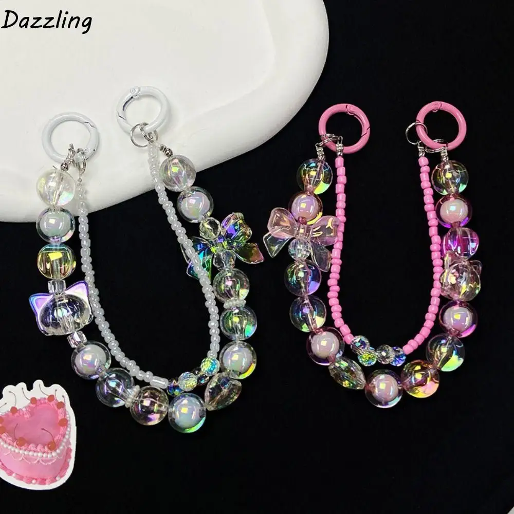 Fashion Cartoon Blingbling Phone Lanyard Auroral Color Double Layer Car Keyring Anti-lost Kawaii Beaded Key Chains Phone Decor