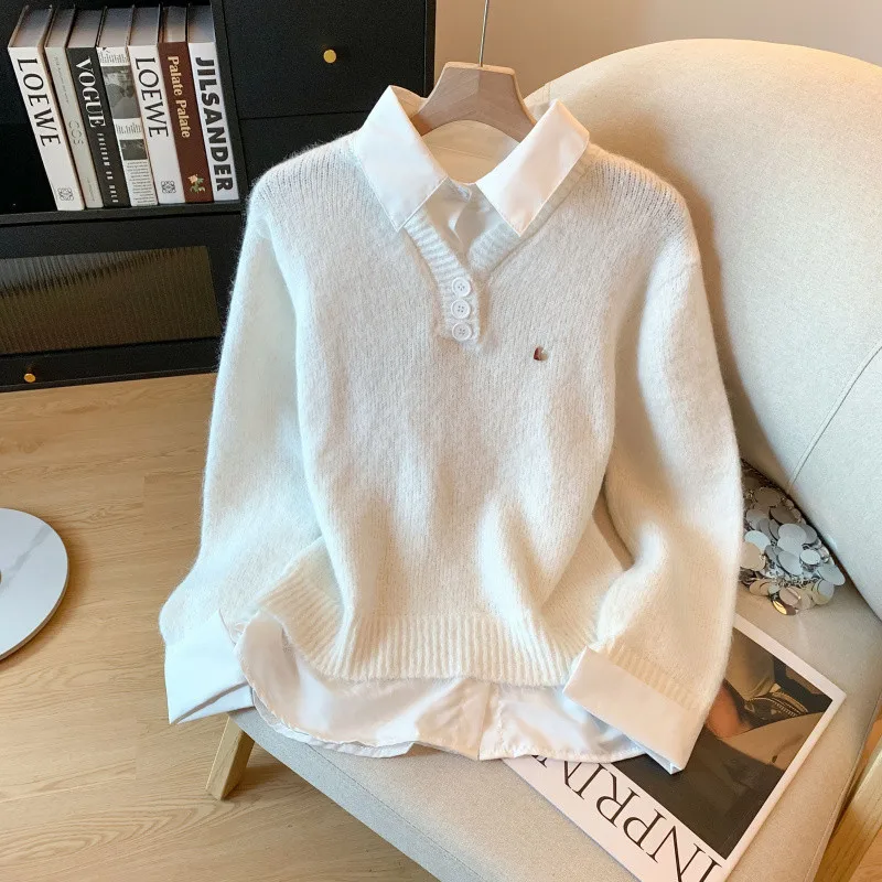 الكورية نمط وهمية اثنين من البلوزات للنساء الخريف الشتاء بدوره إلى أسفل Coloar تصميم تحسس قميص الطبقات أزرق رمادي بلوفر مغزول