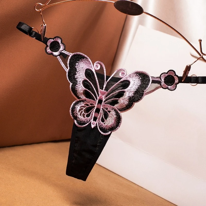 

Sexy Lace Thong Women Butterfly Low Waist Panties G strings Transparent Mesh Briefs Adjustable Waist Panties Culotte Femme