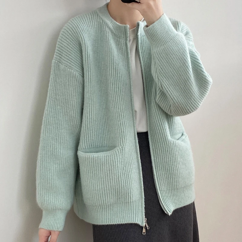 Sweater Cardigan Women Autumn Double Zipper Casual Korean Knitwear Coat Solid Color Loose Soft Long Sleeve Jackets Outerwear