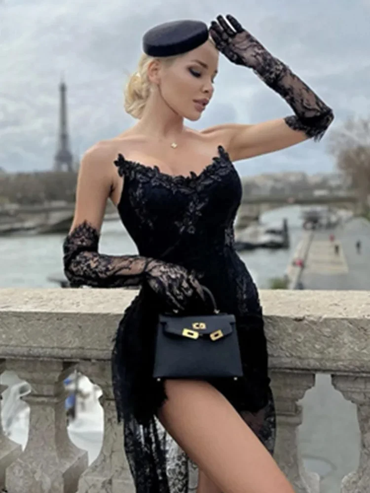 Women Celebrity Summer Sexy Strapless Backless Black Lace Gloves Maxi Long Prom Dress Elegant Evening Cocktail Party Club Dress