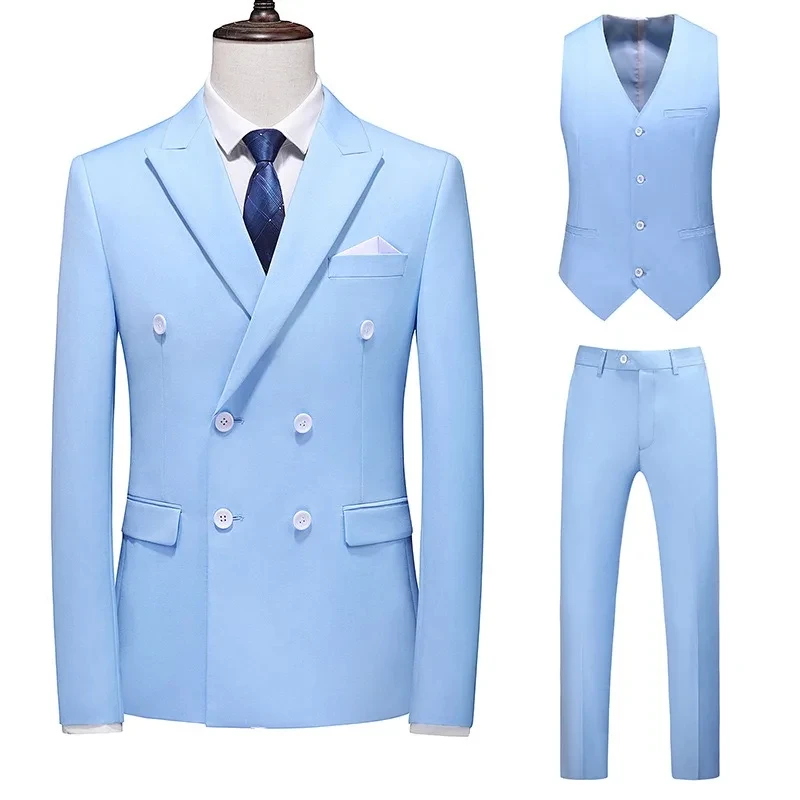 

H297 Temperament Suit Spring and Autumn Solid Color Hollow Solid Color Fashion Men's Three-piece Suit Double-breasted