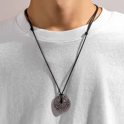 KunJoe Vintage Design Viking Rune Compass Disc Pendant Necklace for Men Punk Leather Wax Thread Necklace Hip Hop Jewelry