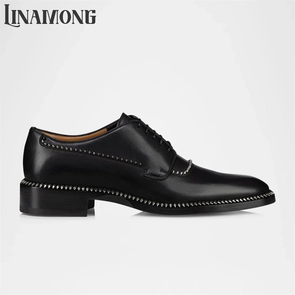 Studded Leather Derby Shoes Classic Styles Spike Embellishments Dress Shoes Almond Toe Handmade Lace-Up Leather Shoes for Men