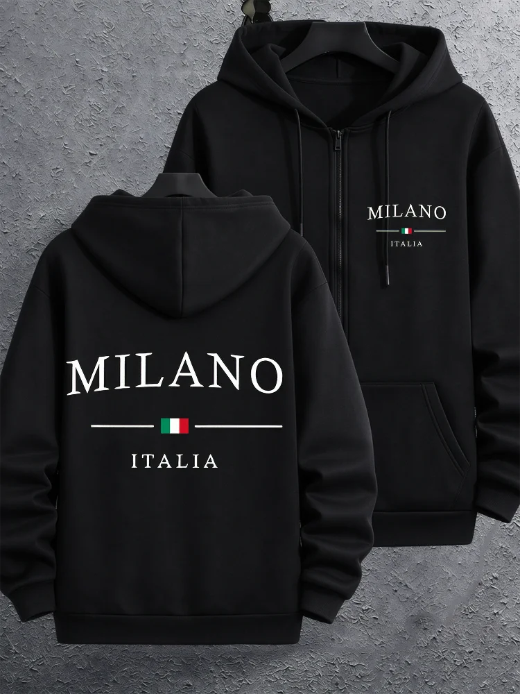 European City Italia Letter Mens Zip Up Fleece Hoodies Y2K Vintage Athletic Workout Sweatshirt Warm Loose Sportswear Jacket
