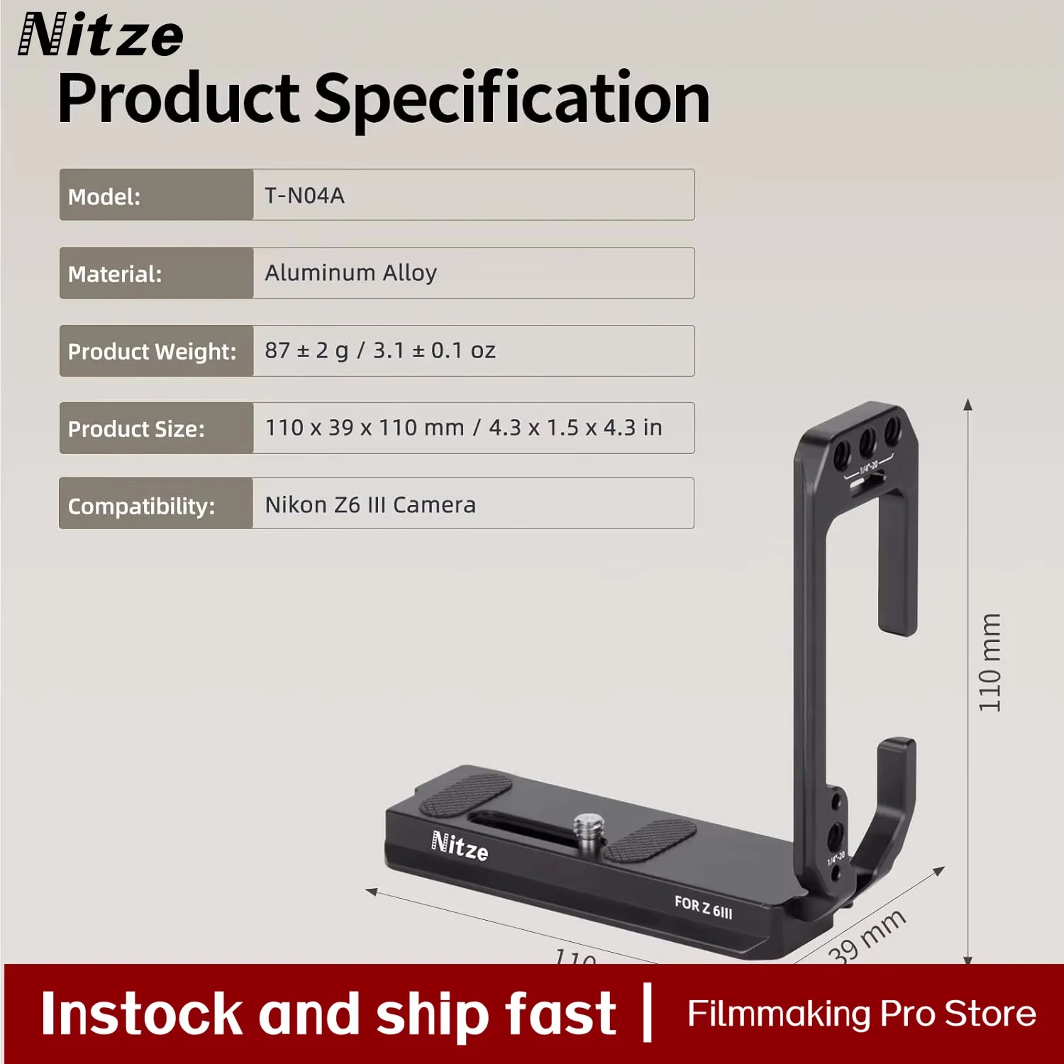 Nitze camera L Bracket for Nikon Z6 III Camera, with Dual Integrated Quick Release Plates for Arca-Swiss