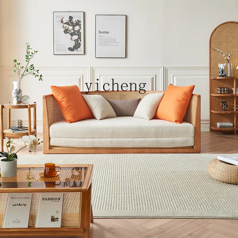 

solid wood sofa bed small apartment splicing folding multi-functional rattan sofa living room bed