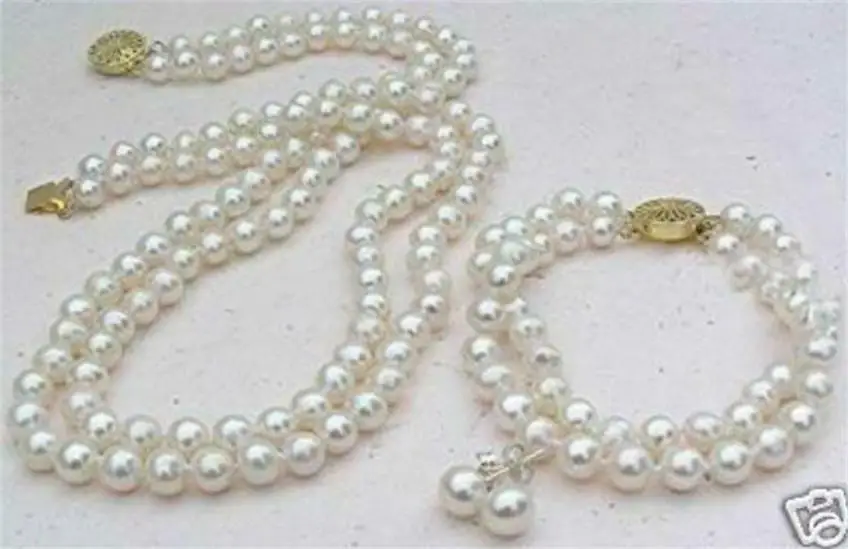 

2 Rows 8mm White South Sea Shell Pearl Necklace Bracelet Earrings Set 18-19" AAA