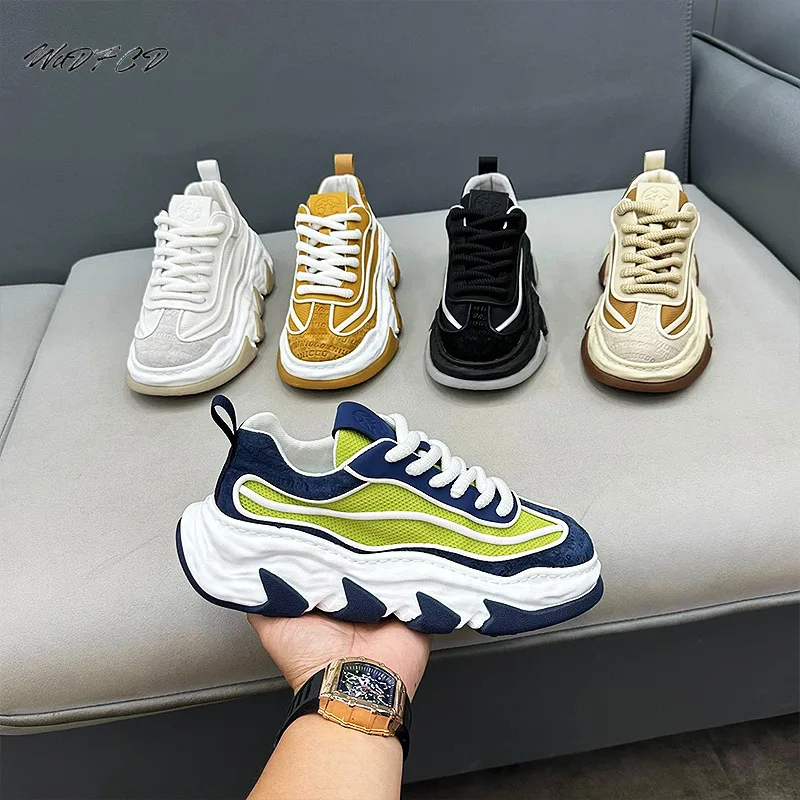 

Chunky Sneaker Men Designer Sport Shoes Fashion Casual Microfiber Leather Fabric Breathable Height Increased Flat Platform Shoes