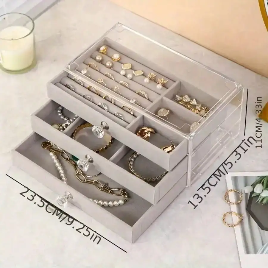 3-Layer Drawer Acrylic Jewelry Box, Transparent Organizer for Earrings & Rings