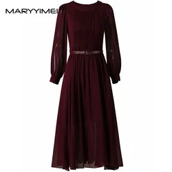 MARYYIMEI New Fashion Runway Designer Women's Spring Black Elegance Temperament Patchwork Tulle Long Sleeve Waist Draw-In Dress