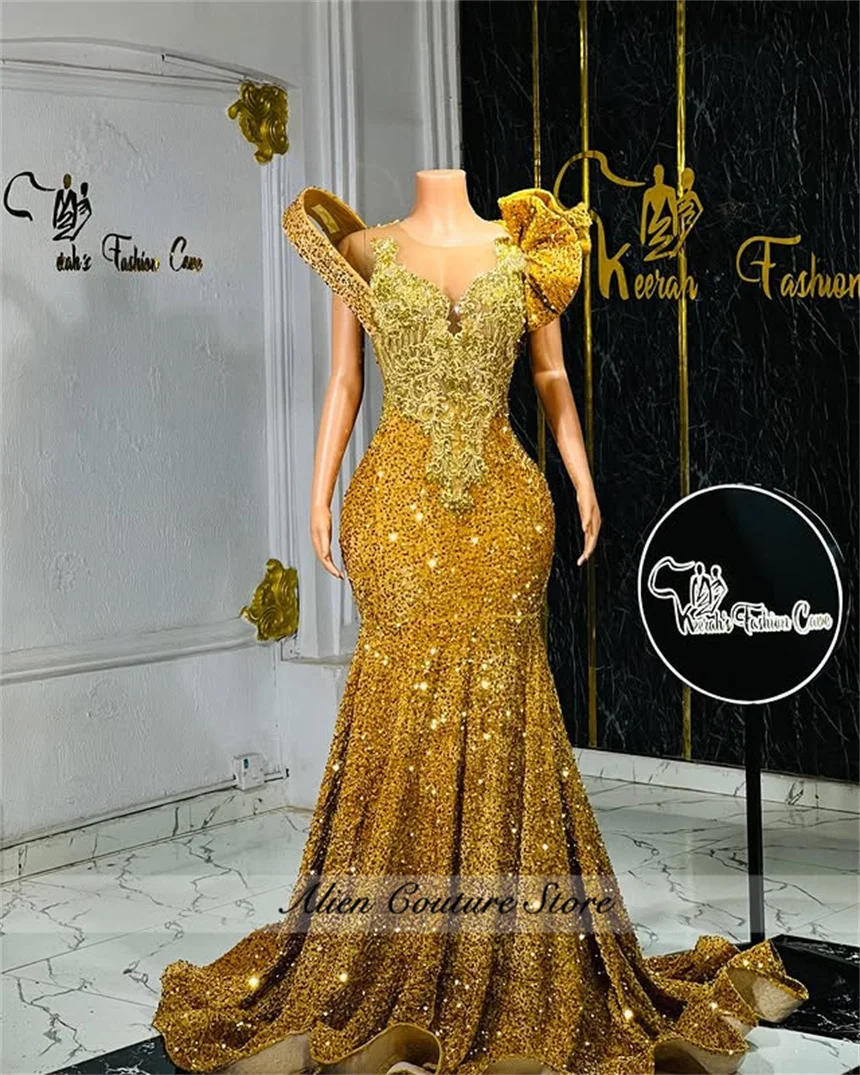 Eleganckie Złote Sukienki Wieczorowe 2026 Koraliki Cekiny Suknie Balowe Diamenty Klejnoty Sukienka na Przyjęcie Weselne Vestidos De Gala Szyte na Miarę