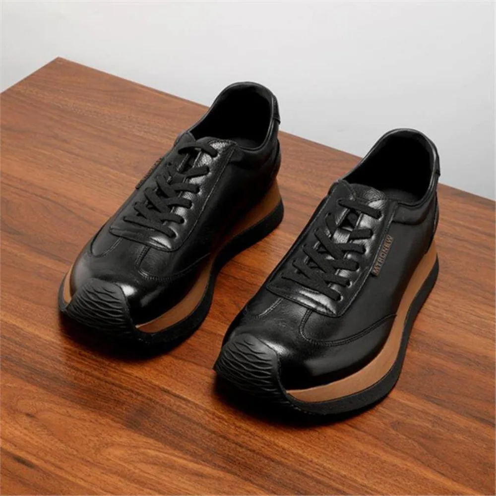 Black Top Cowhide Men's Shoes Genuine Leather Sports Casual Shoes Soft Sole Thick Sole Trendy Summer