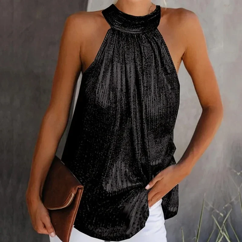 2024 Womens Fashion Shiny Neck Tank Tops Vest Ladies Summer Casual Solid Color Sleeveless T Shirt Blouse Black Gold Silver YDL33