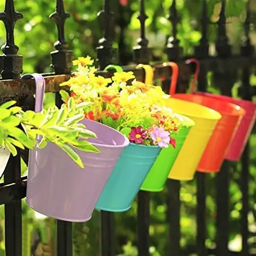 

10 Pcs Metal Hanging Flower Pots with Detachable Hook, 4'' Iron Planters for Balcony Garden Fence, Drainage Holes
