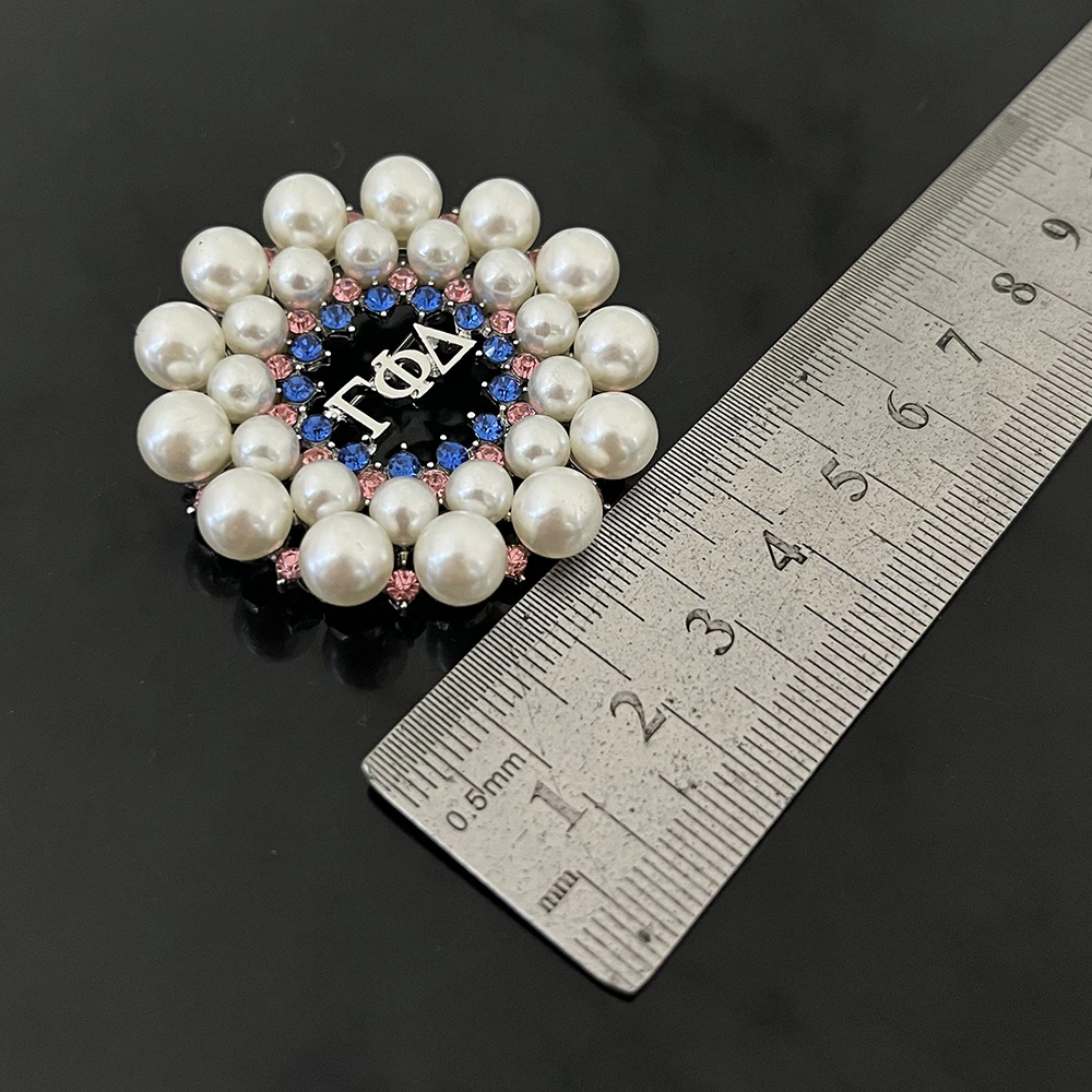 New Greek Sorority Gamma Phi Delta Letter Logo Pink Blue Rhinestone Rotundity Pearl Brooch Women Fashion Jewelry