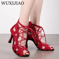 WUXIJIAO Woman High Top Latin Dance Shoes Black Red Soft Sole Ballroom Salsa Dancing Shoes for Party for Girls Suede Dance Boots