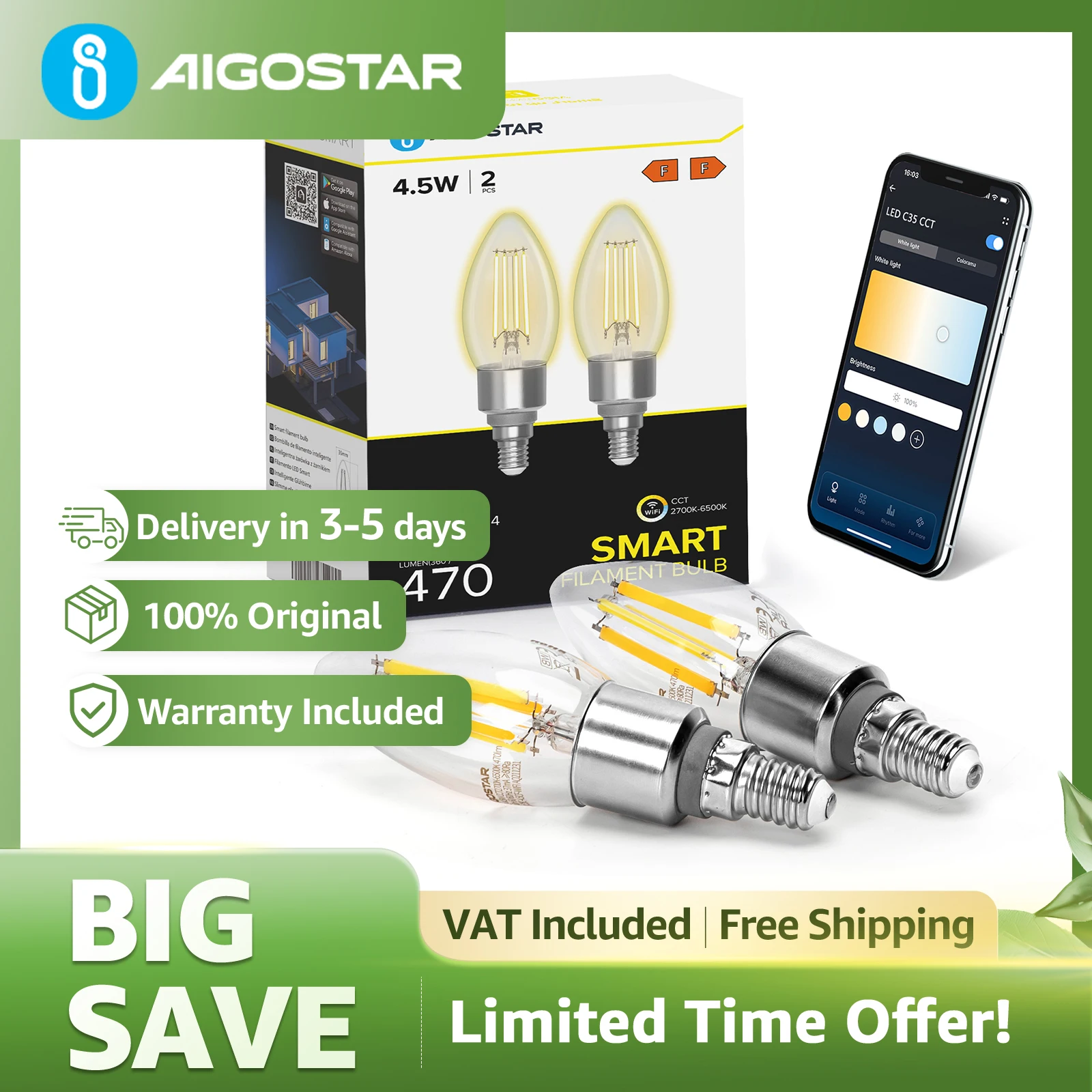 Aigostar Bombilla Inteligente Alexa E14 Vintage C35 4.5W 470LM | Regulable 2700K-6500K, Compatible con Alexa y Google Home | Pack de 2 o 4 Unidades