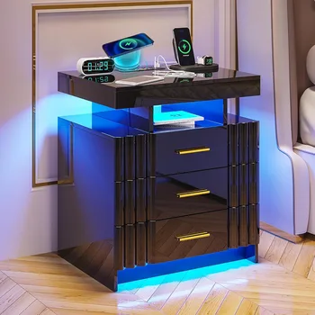 منضدة مع قاعدة شحن، حامل ليلي LED مع 3 أدراج، مستشعر تلقائي 24 لونًا أضواء/لاسلكي/Type-C/USB شحن