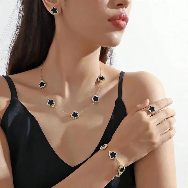 3 PCS Set Flower Charm Korean Chain Necklace Earring Bracelet Set Gold Color Black Flower Crystal Stone Surround Jewelry Set