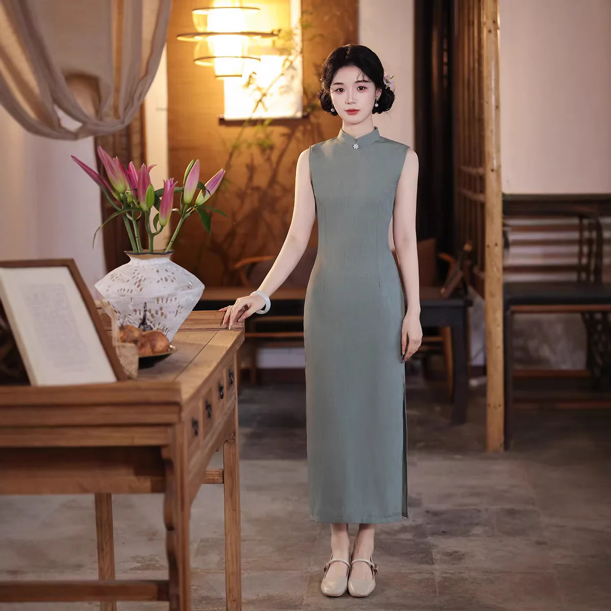 

Новое молодежное зеленое длинное платье-ципао без рукавов, коллекция Весна/Лето 2026, в китайском стиле, класса люкс, с элегантным дизайном