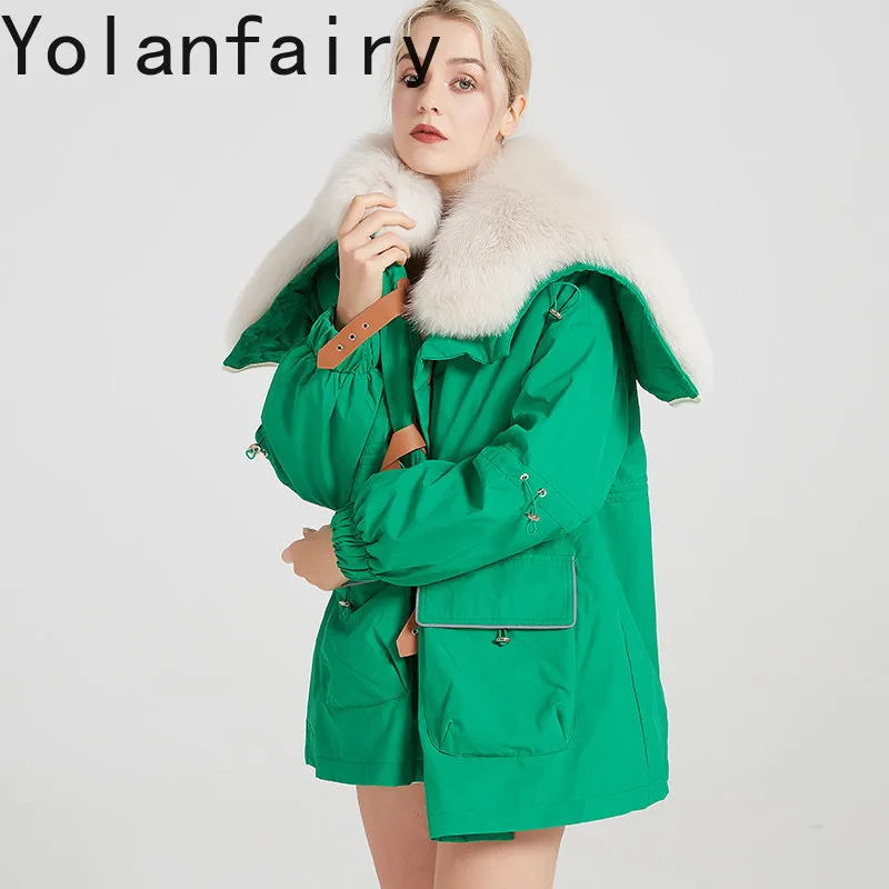 YOLANFAIRY Luxury Natural Real Rabbit Fur Coat Woman Winter Elegant Fox Fur Collar Jacket Parkas Women Clothing Mid-length шуба