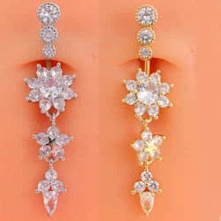 Gold Color Series 3 Crystals Flower Dangled Belly Button Rings Stainless Steel Dainsty Zircon Navel Ring Belly Piercing Nombril