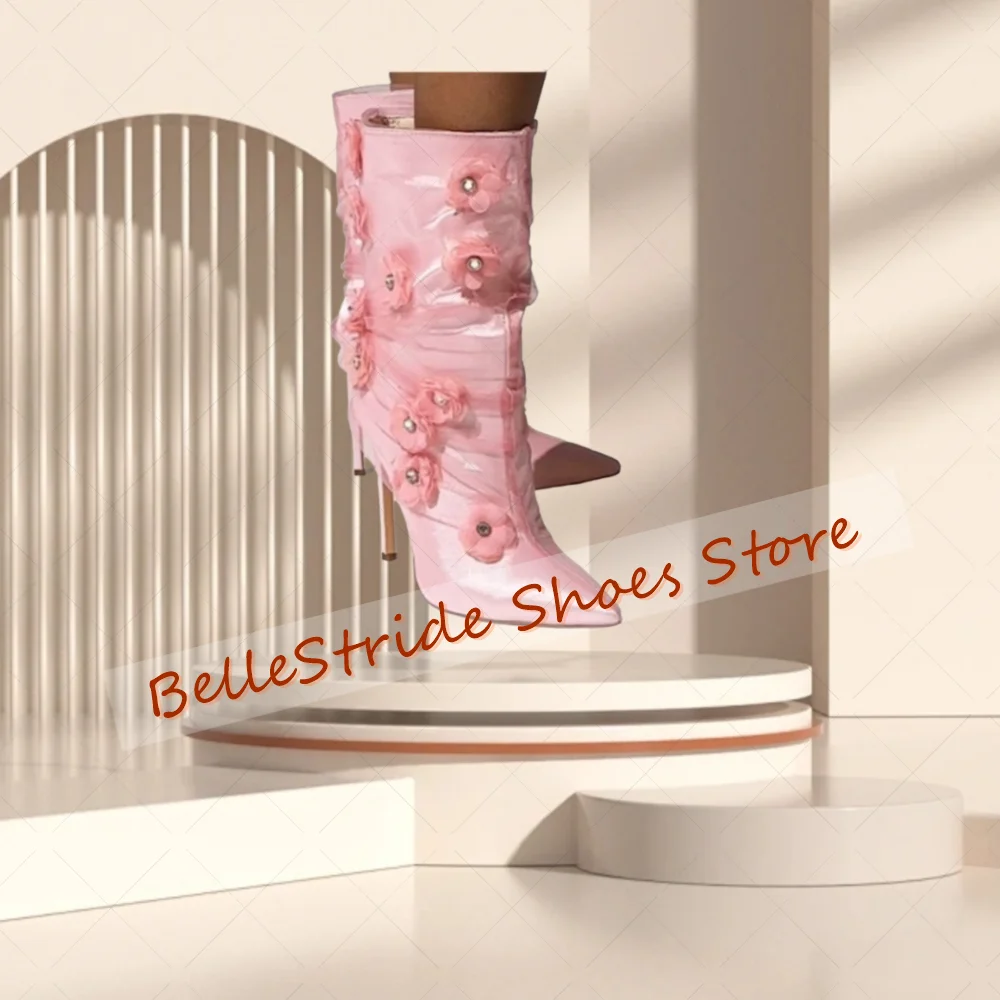 

Pink Flowers Decor Pointed Toe Mesh Boots Fashion Women Shoes Stilettos High Heels Party Banquet Dating 2025 Zapatos Para Mujere