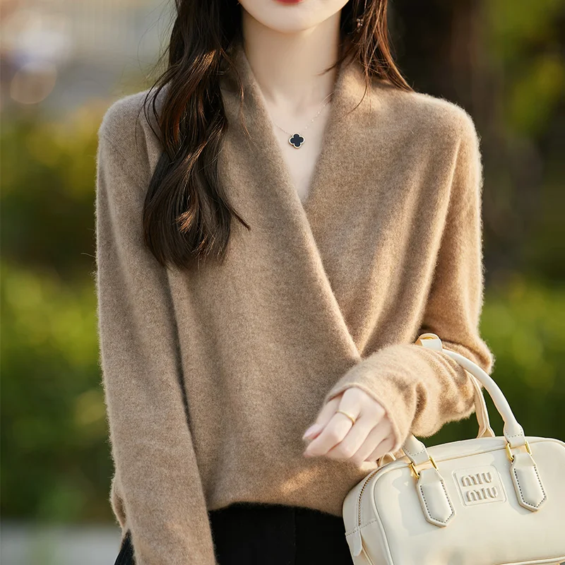 

Winter 100% Pure Wool Knitted Women Sweater V-neck Pullover Standard Cashmere Knitwear New Fashion Sexy Warm Female Jumpers