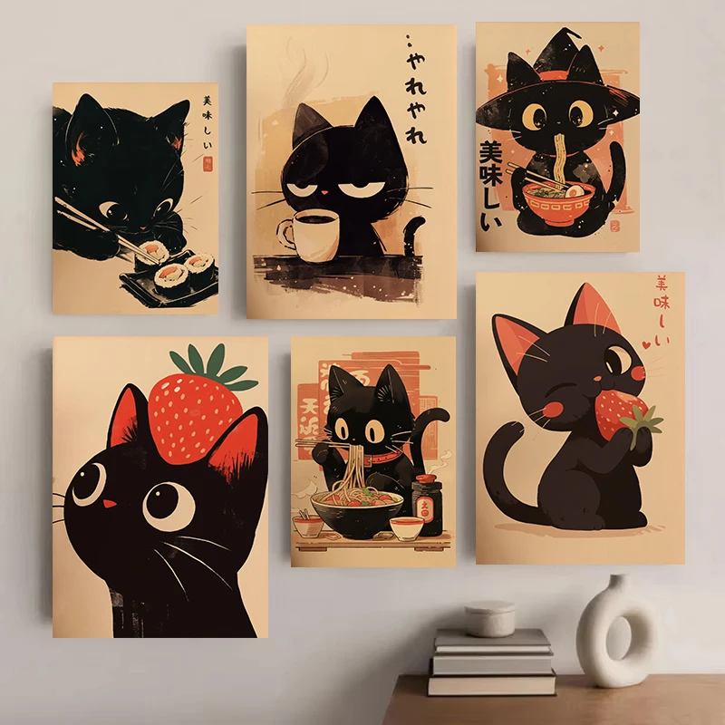 1 pieza de cuadro sin marco con estampado de gato negro japonés lindo con fresa comiendo ramen, sushi, chef, impresiones y pósteres, pintura en lienzo, arte de pared para cocina