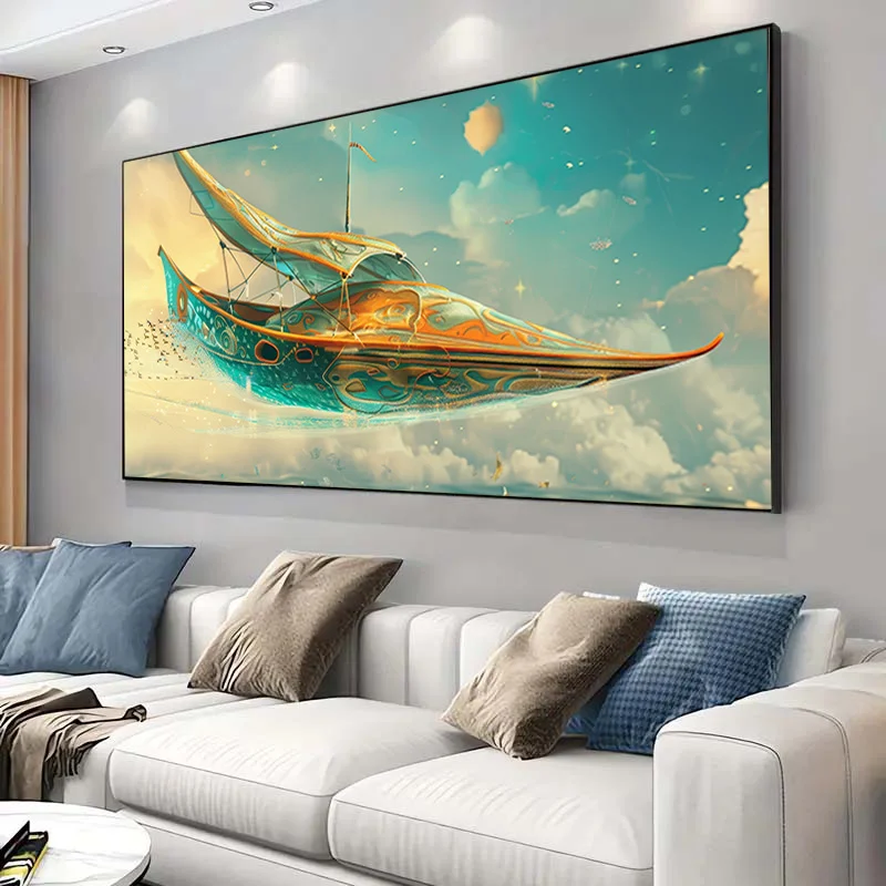 Vibrant Spaceship in Cosmic Scene Canvas Art -  Modern Wall Decor, Ink Print for Living Room & Bedroom, Contemporary Artwork