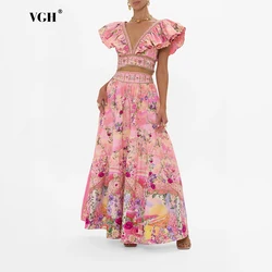 VGH Summer Women's Holiday Clothes Set V Neck Short Sleeve with Ruffles Top High Waist Pleated Skirt Female Casual Outfit Female