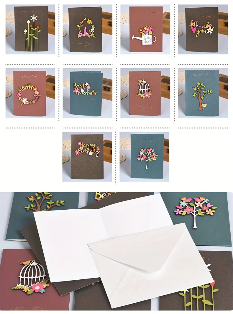 Set, Universal Card Retro Wood Carving Patch Mini Blessing Greeting Card Sending Paper Envelope Business Greeting Card Birthday