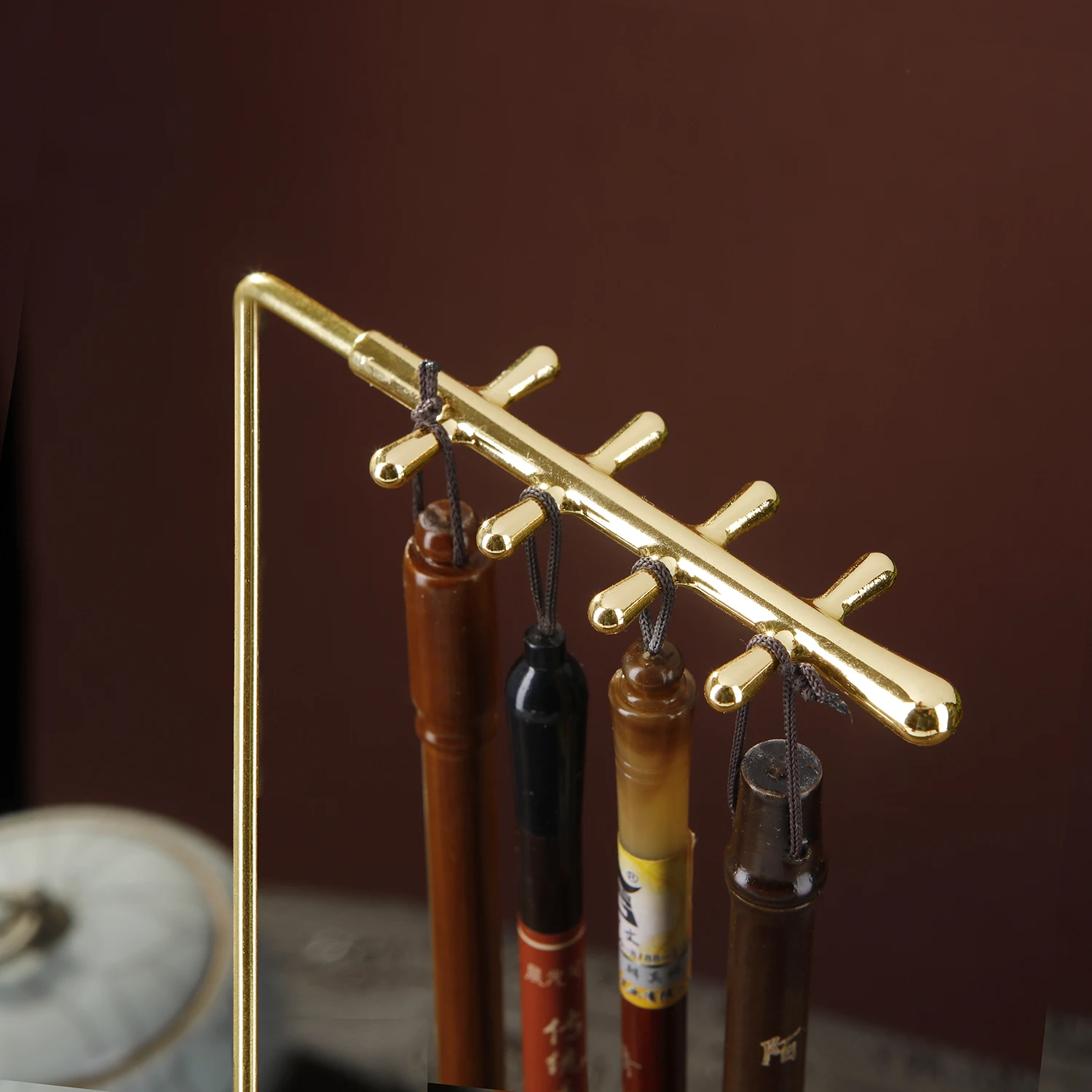 Meatl Chinese Brush Pen Holder with Walnut Base Calligraphy Rest Ink Hanger 8 Needles Writing Brush Holder