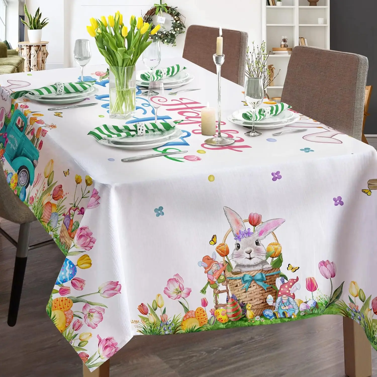 Happy Easter Bunny Eggs Truck Tulip Rectangle Tablecloths Party Decor Spring Flowers Waterproof Table Cloth Dining Table Decor