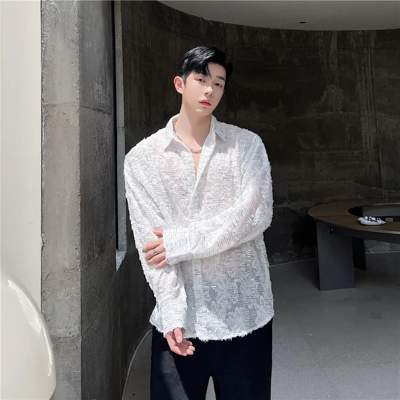 2024 Spring Summer Personalized Sequined Hollow Shirts Men's Long Sleeve Thin Fashion Casual Shirt Trendy Male Light Luxury Top