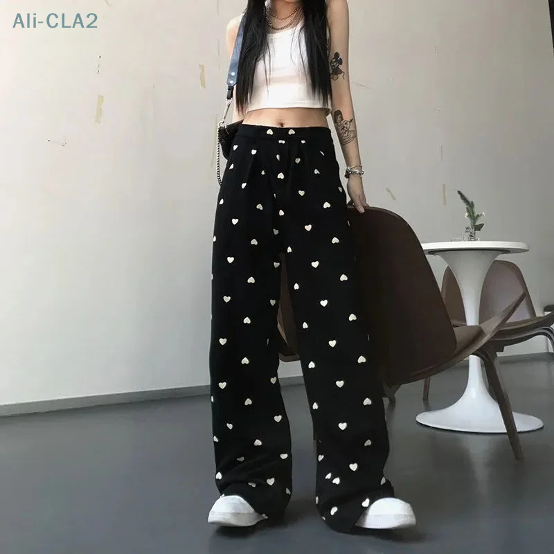 

Fashionable Casual Elastic High-Waisted Black Love Wide-Leg Pants For Home And Outdoor Wear