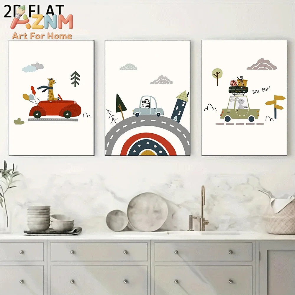 AZNM Cartoon Giraffe Zebra Rabbit Car Traffic Canvas Wall Art, Cute Animal Driving Vehicle Rainbow Road Cloud Tree Print Paintin