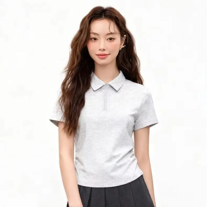 Women's Polo-Neck Short-Sleeve T-Shirt Summer Half-Zip Pleated Waist-Cinching Slimming Casual Versatile, Printed Short-Sleeve To
