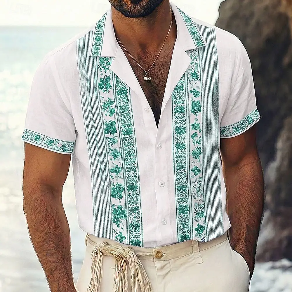 Men's Ethnic Intricate Floral Guayabera Shirt Short Sleeve Cuban Camp Collar 3D Print Button Up Tops for Daily in Spring Summer