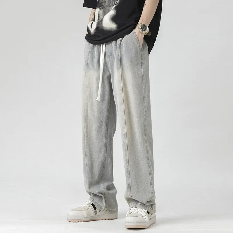

Джинсы в стиле ретро, мужские прямые свободные осенние широкие брюки с эластичной резинкой на талии, драпированные повседневные джинсы