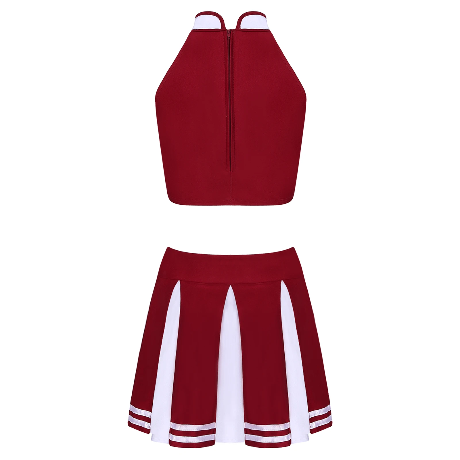 Women Adults Cheerleading Uniform Dance Costume Cheer Cosplay Outfit Stand Collar Sleeveless Crop Top with Mini Pleated Skirt