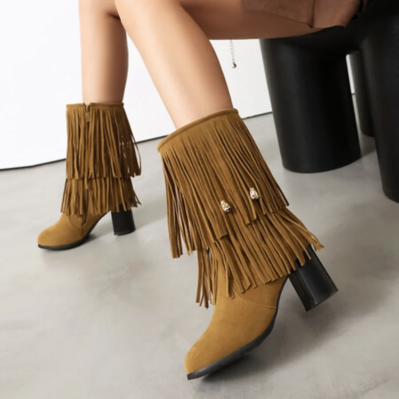 2025 Women Fringe Boots Flock Suede Round Toe Chunky Heels 6.5cm Zipper Big Size 46 47 48 Fashion Dating Mid Calf Bota