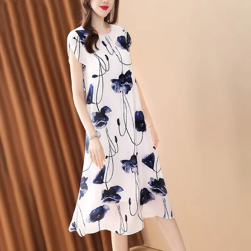 

2024 Spring and Summer Elegant Style Round Neck Print Imitation Silkworm Imitation Silk Loose Short Sleeve Medium Length Dress