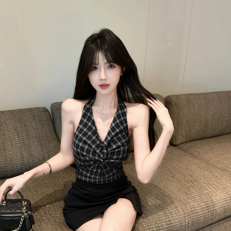 Women's Y2k Halter Top Slim Fit Twist Knot Shiny Plaid Sleeveless Vest Summer Streetwear