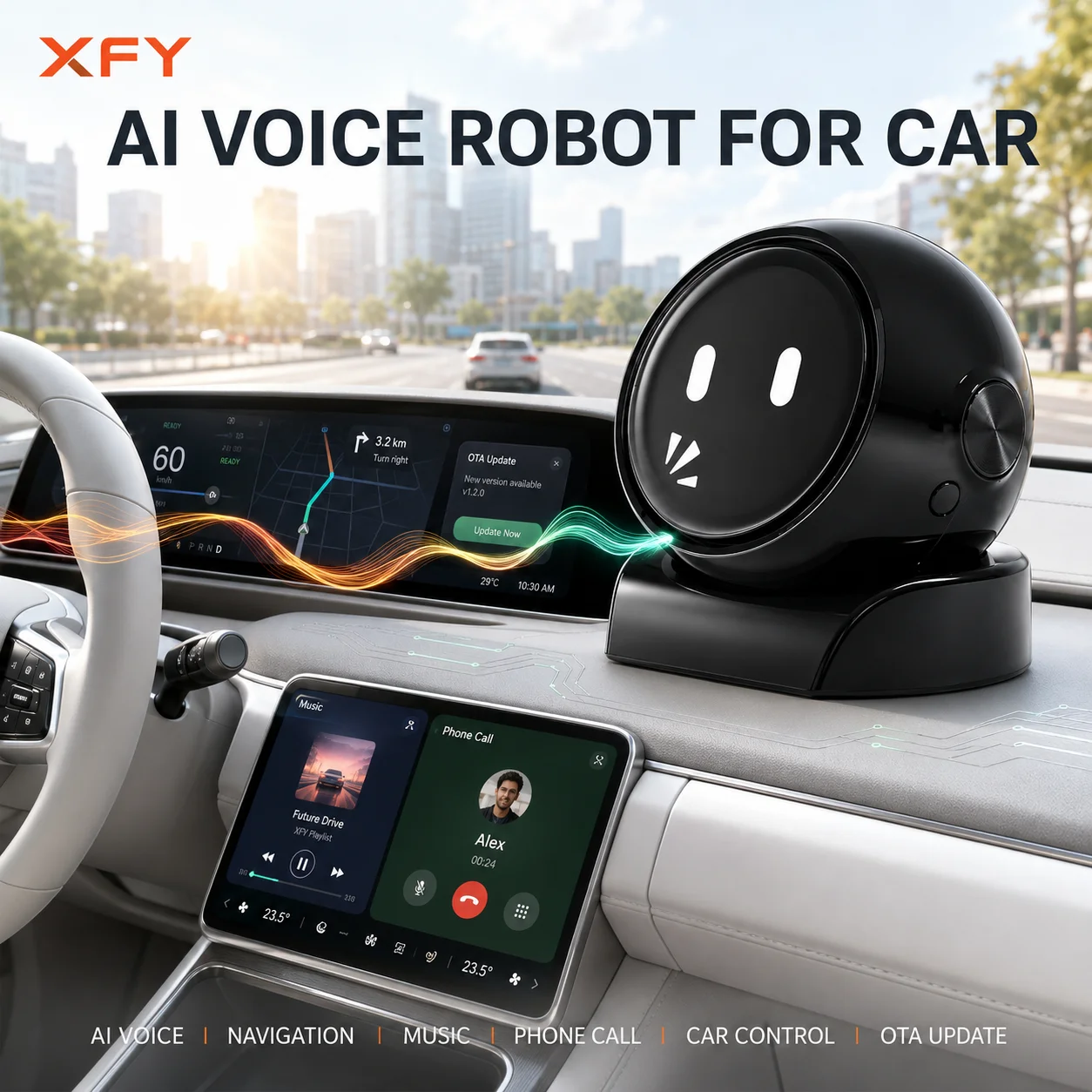 XFY AI Voice Robot for Car, Hands-Free Control with Navigation & OTA Update, X-01 Compact Black 5V/1A USB Dashboard Assistant