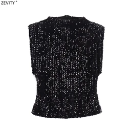 Zevity Women High Street Stand Collar Sleeveless Sequined Velvet Vest Blouse Female Shirt Blusas Chic Zipper Brand Tops LS5863