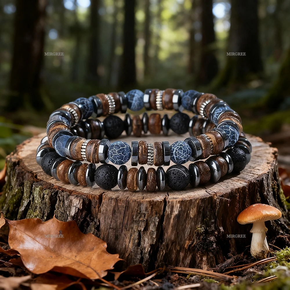 Zestaw 2 bransoletek męskich z naturalnych kamieni, ręcznie robiona biżuteria męska w stylu retro outdoor, prezent dla mężczyzny