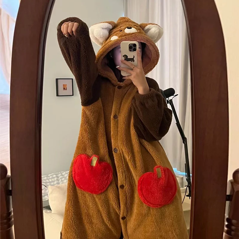 Super Cute Racoon Red Panda Hoodie Winter Robe Pajamas Homewear Lounge Clothing Warm Fluffy Bathrobe Christmas Sleepwear Women